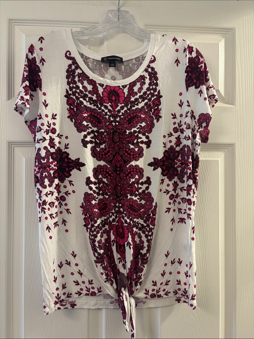 INC International Concepts White Short-Sleeve Tie-Front Top with Burgundy Print